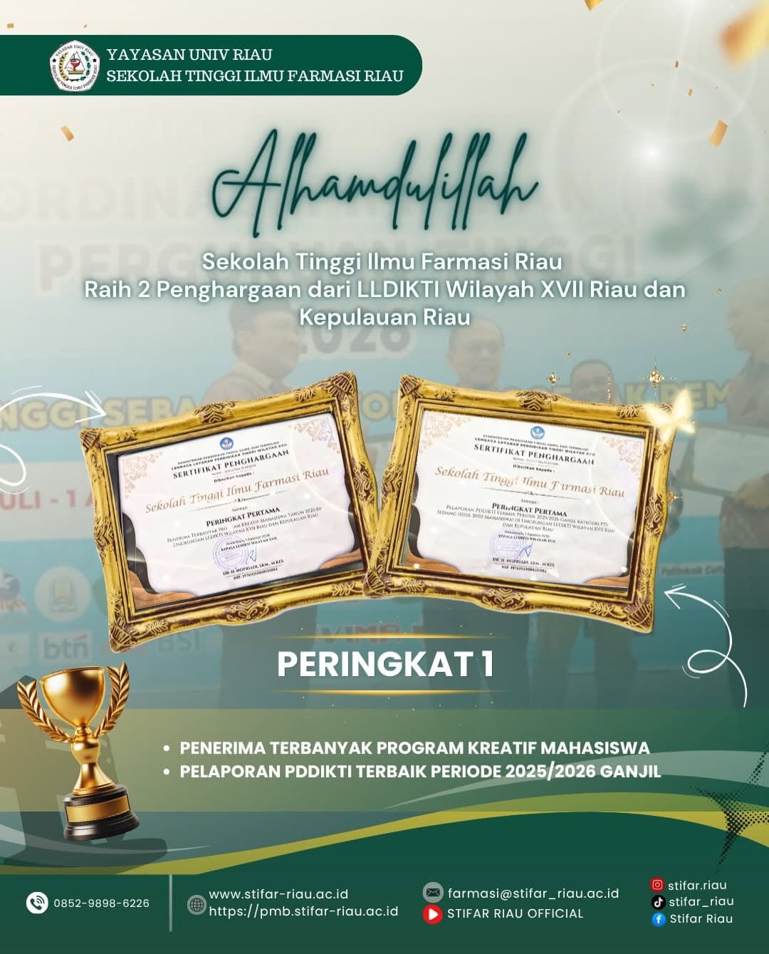 Sekolah Tinggi Ilmu Farmasi Riau kembali mengukir kebanggaan dengan meraih 2 penghargaan d…
