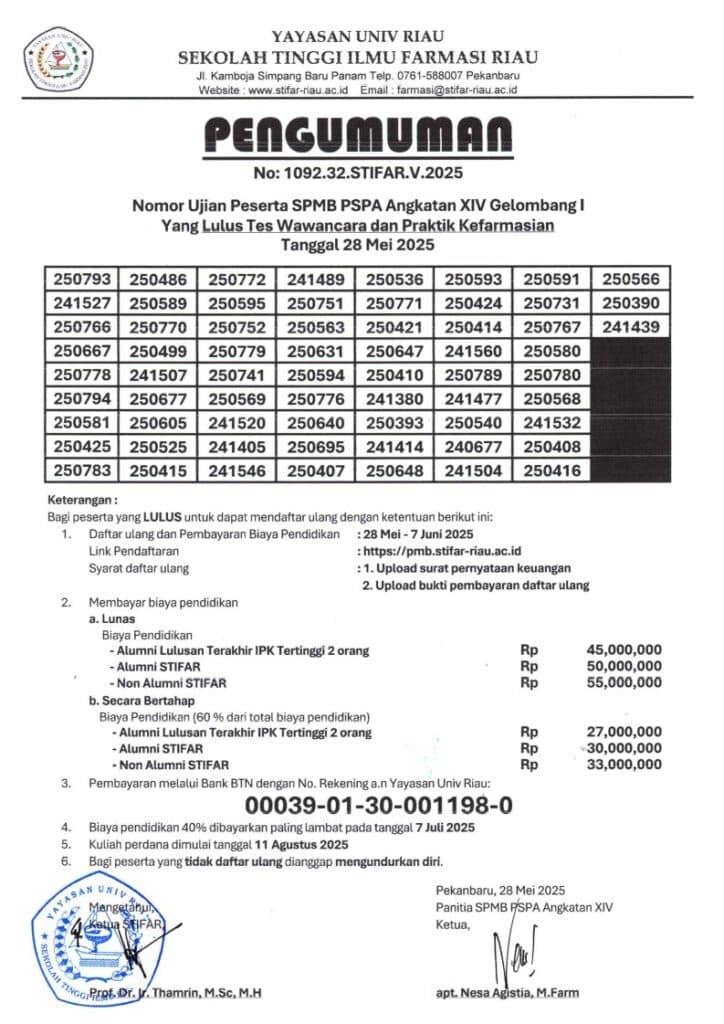 Pengumuman Hasil Tes Wawancara dan Praktek Kefarmasian PSPA 2025 Gelombang 1