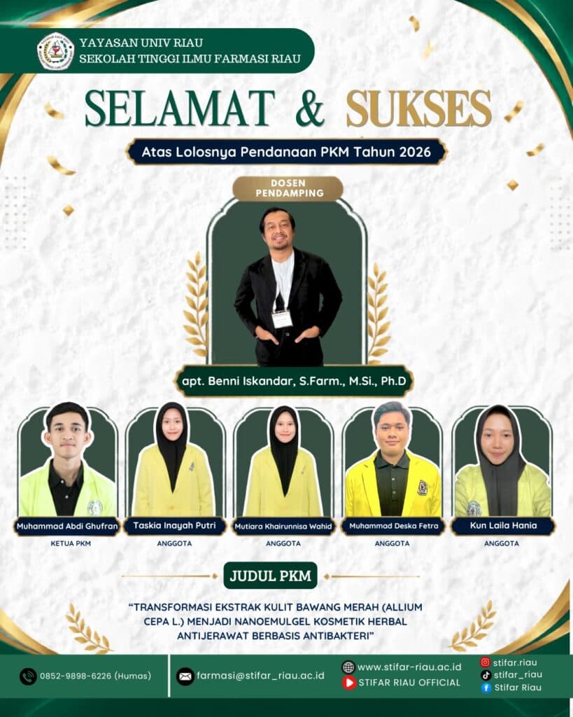 Selamat dan sukses kepada mahasiswa STIFAR Riau atas lolosnya pendanaan Program Kreativitas Mahasiswa (PKM) Tahun 2026!