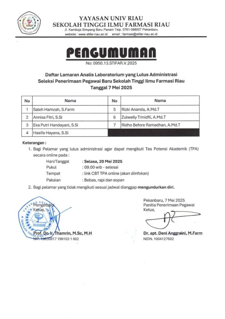 Pengumuman Seleksi Administrasi Analis Laboratorium