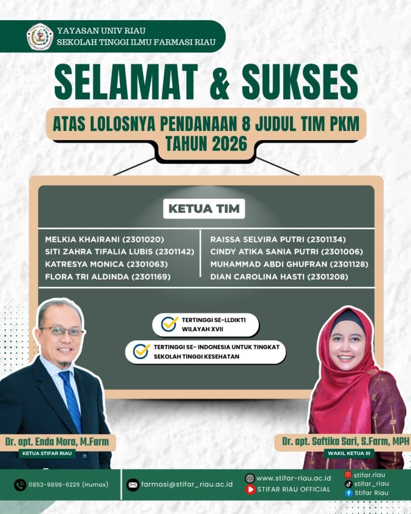 Selamat dan sukses kepada mahasiswa STIFAR Riau atas lolosnya pendanaan Program Kreativitas Mahasiswa (PKM) Tahun 2026!