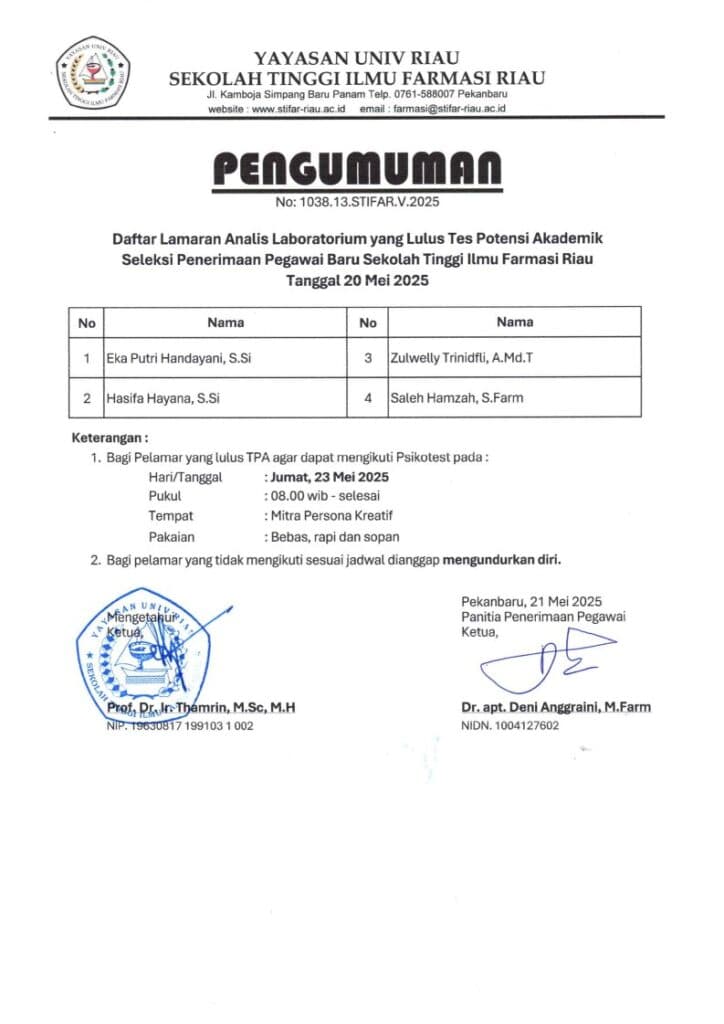 Pengumuman Hasil TPA Seleksi Analis Laboratorium