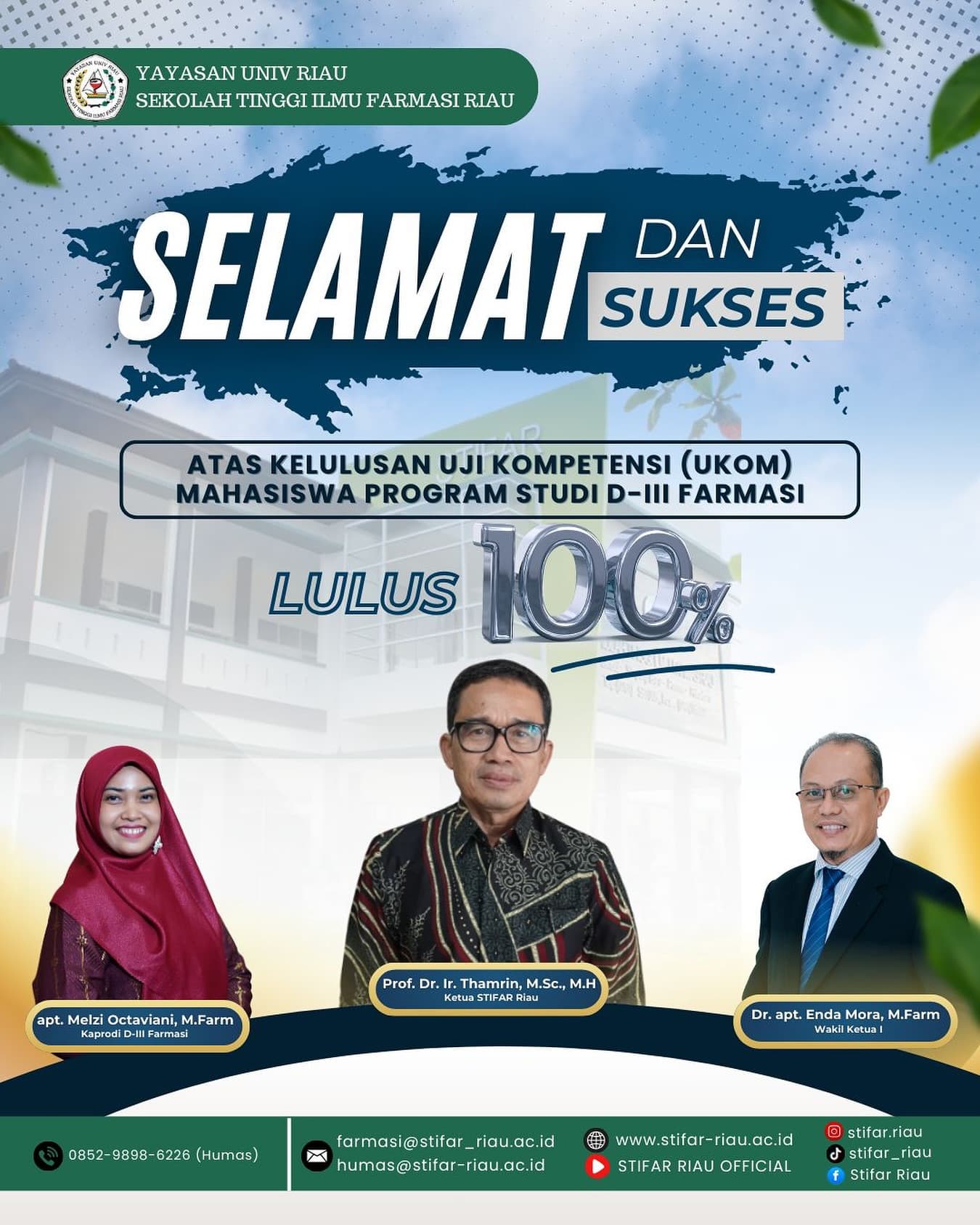 Selamat dan sukses kepada seluruh mahasiswa Program Studi D-III Farmasi STIFAR Riau atas kelulusan Uji Kompetensi (UKOM) dengan hasil LULUS 100%!