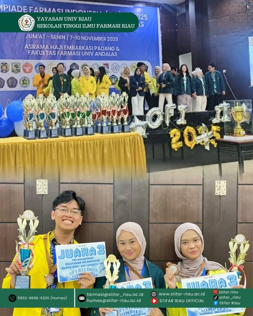 TIM STIFAR Riau berhasil membawa pulang berbagai penghargaan bergengsi. Pada ajang Olimpiade Farmasi Indonesia (OFI) XII 2025 yang diselenggarakan oleh Fakultas Farmasi Universitas Andalas