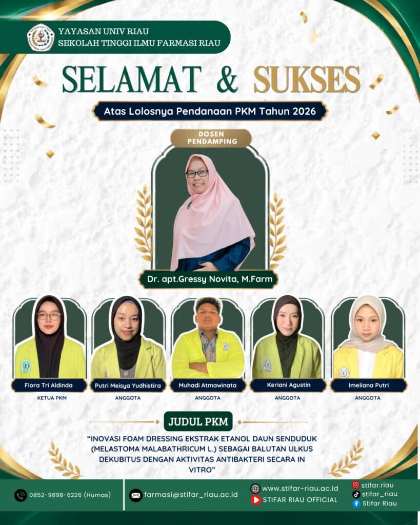 Selamat dan sukses kepada mahasiswa STIFAR Riau atas lolosnya pendanaan Program Kreativitas Mahasiswa (PKM) Tahun 2026!