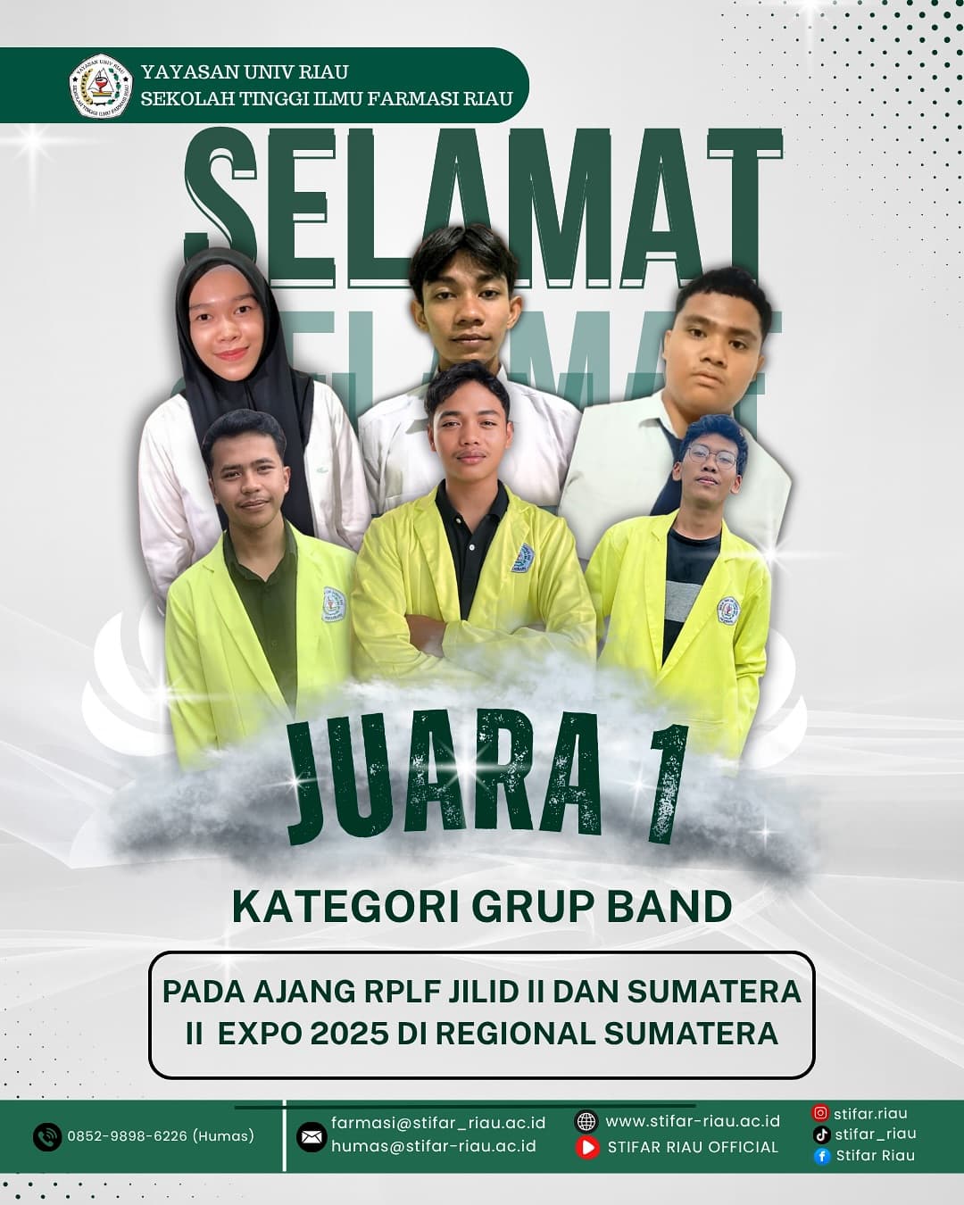 UKM Seni STIFAR Riau berhasil menyabet Juara 1 Kategori Grup Band pada ajang RPLF Jilid II dan Sumatera II Expo 2025 Regional Sumatera.