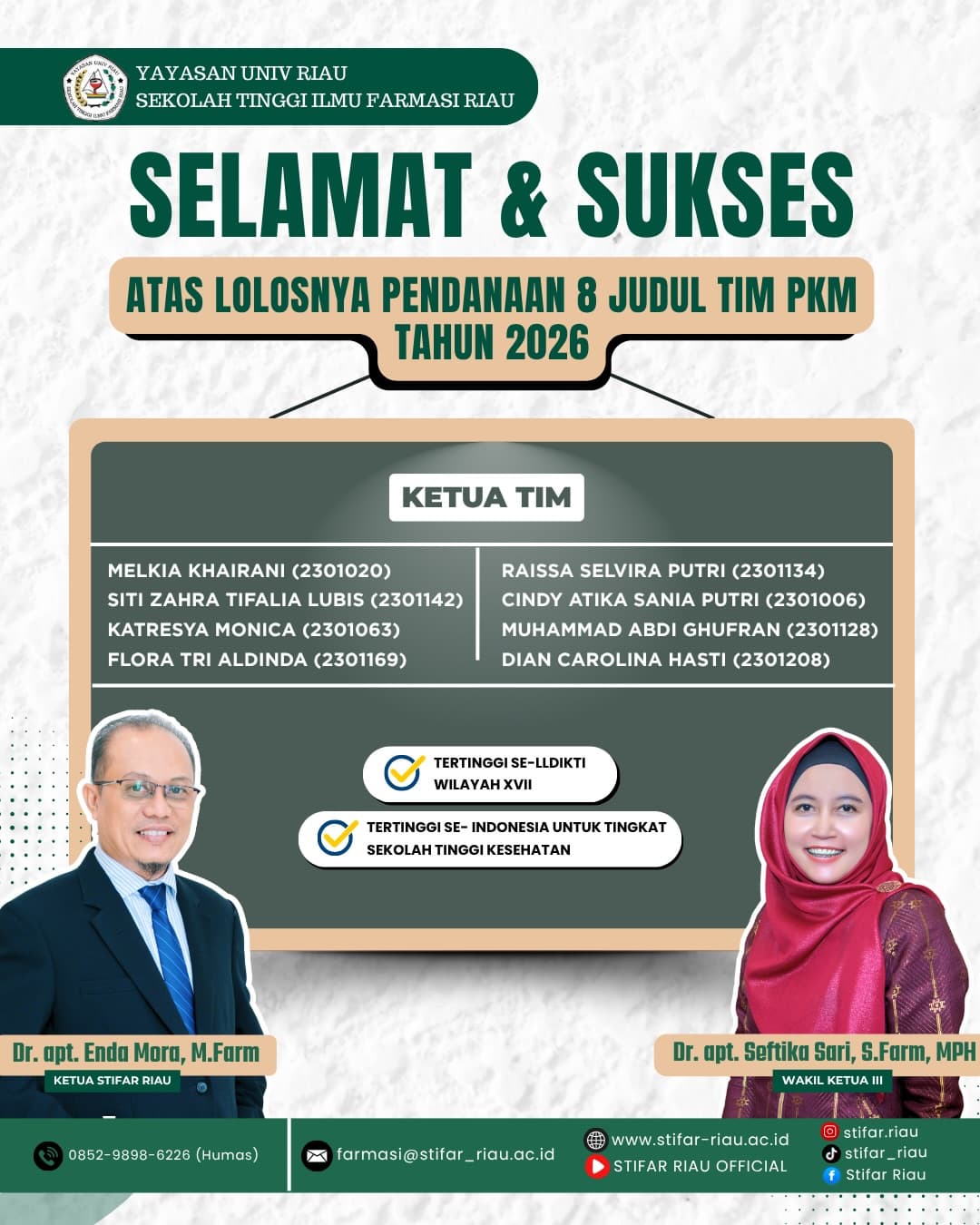 Selamat dan sukses kepada mahasiswa STIFAR Riau atas lolosnya pendanaan Program Kreativitas Mahasiswa (PKM) Tahun 2026!