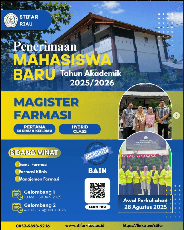 PENERIMAAN MAHASISWA BARU MAGISTER FARMASI STIFAR RIAU TAHUN AKADEMIK 2025/2026 TELAH DIBUKA!