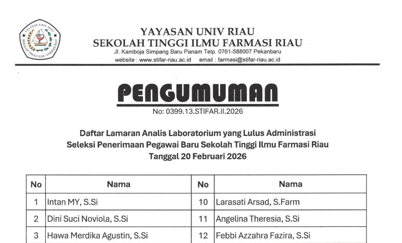 Pengumuman Hasil Seleksi Administrasi Analis Laboratorium 2026