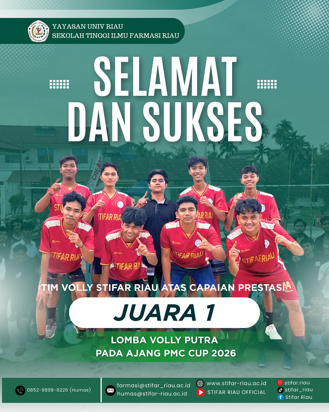 Tim Volly Putra STIFAR Riau sukses meraih Juara I pada ajang PMC Cup 2026 untuk cabang olahraga volly putra.