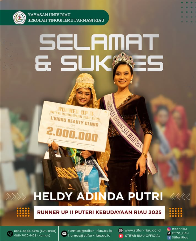 Heldy Adinda Putri salah satu mahasiswa D-III Farmasi STIFAR Riau sukses jadi Runner Up II Puteri Kebudayaan Riau 2025