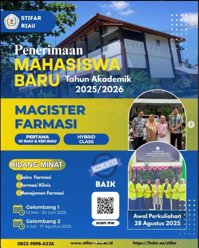 PENERIMAAN MAHASISWA BARU MAGISTER FARMASI STIFAR RIAU TAHUN AKADEMIK 2025/2026 TELAH DIBUKA!