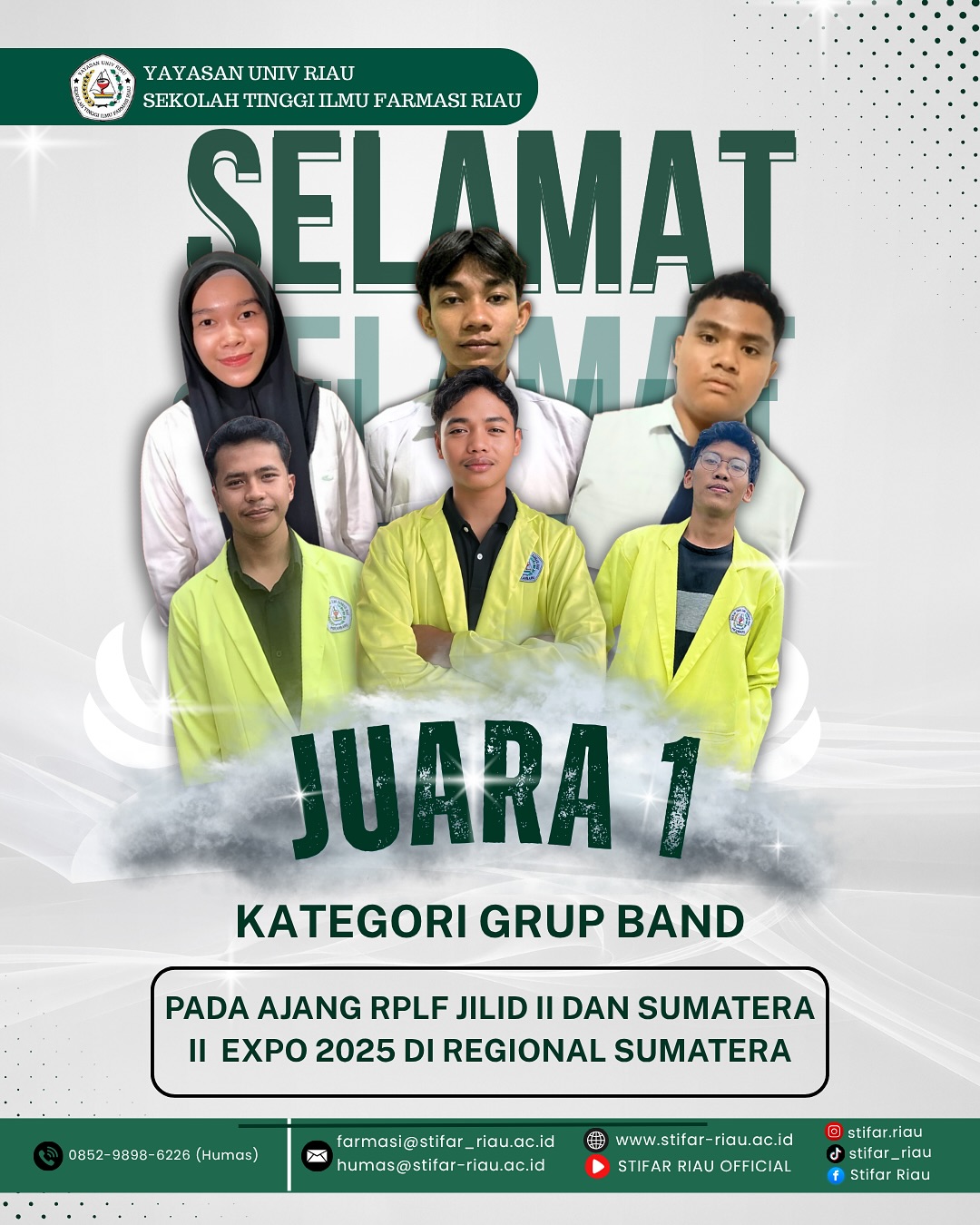 UKM Seni STIFAR Riau berhasil menyabet Juara 1 Kategori Grup Band pada ajang RPLF Jilid II dan Sumatera II Expo 2025 Regional Sumatera.