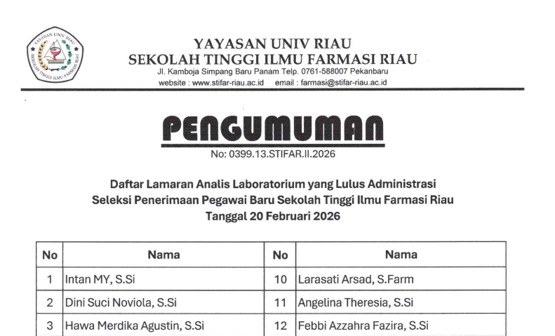 Pengumuman Hasil Seleksi Administrasi Analis Laboratorium 2026